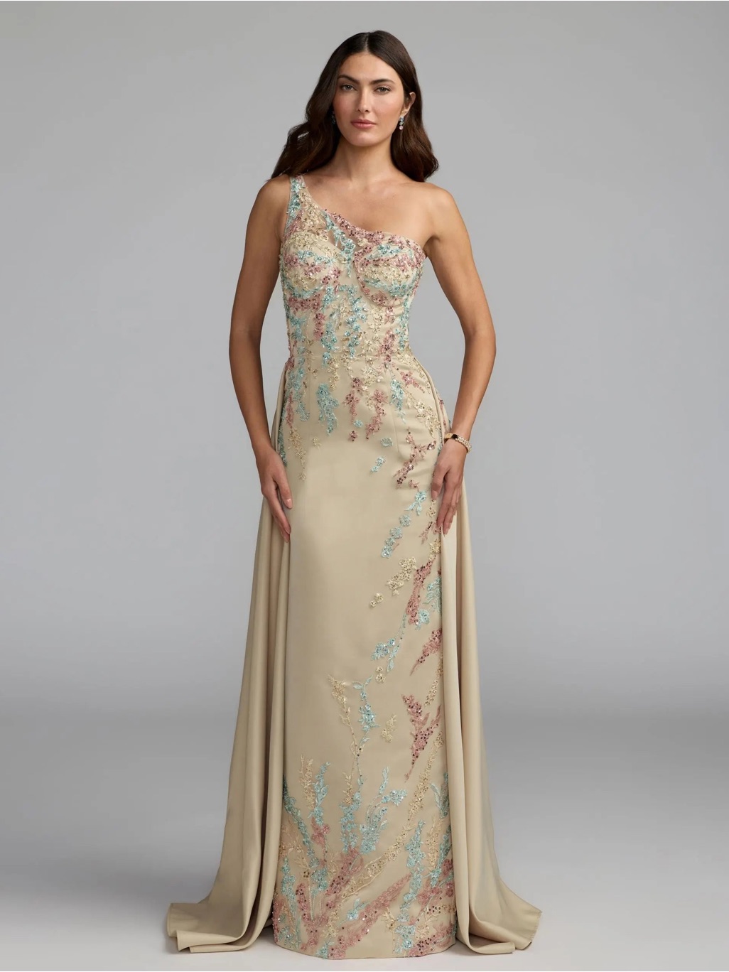 Mac Duggal 37012 Beige One Shoulder Embellished Gown With Train Sz 4